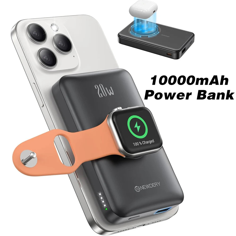 NEWDERY10000mAh Magnetic Wireless Power Bank for Apple Watch /9/8/7/6/5/4/Ultra 2 iWatch Battery Pack For iPhone 16/15,Galaxy