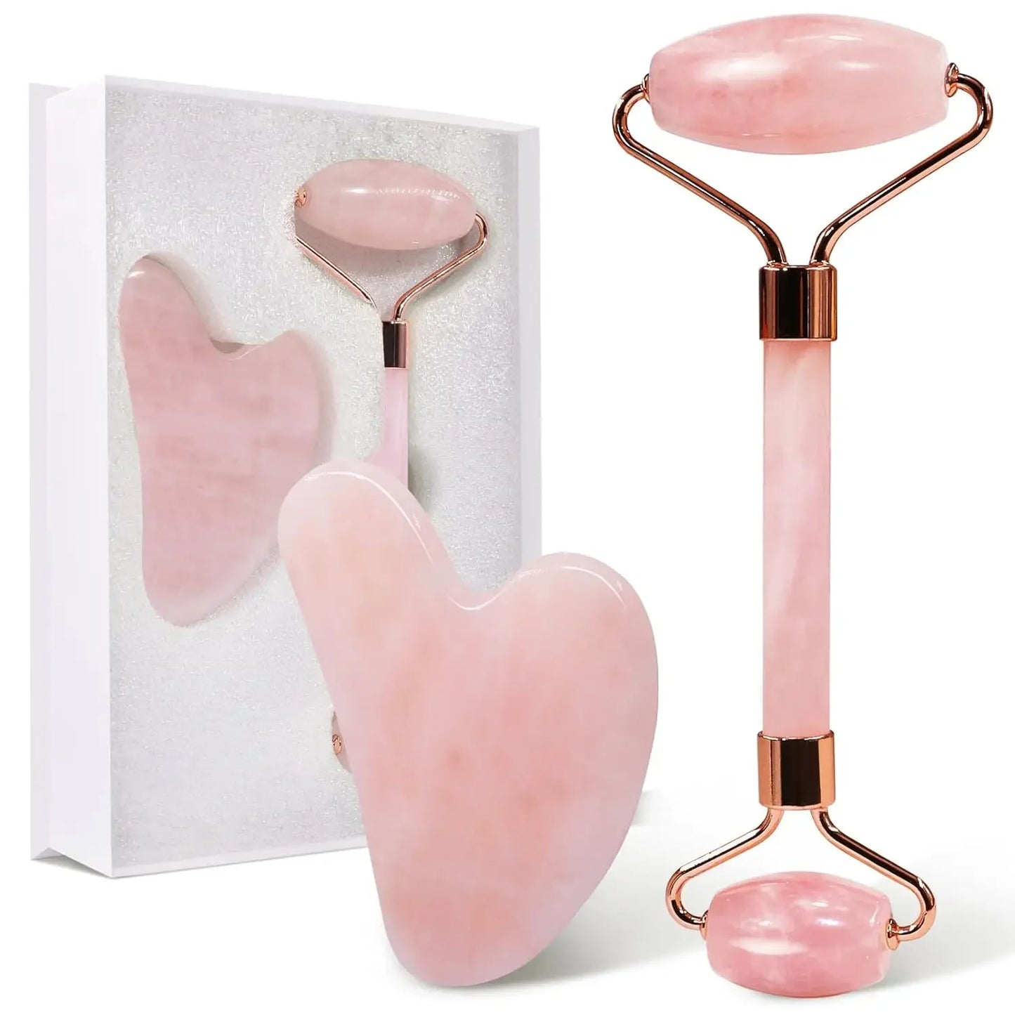 Natural Jade Roller Gua Sha Set Facial Body Massager Roller Face Lifting Beauty Massage Tools Rose Quartz Jade Stone Massage Set