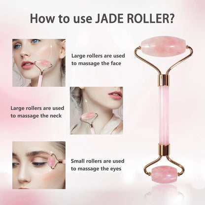 Natural Jade Roller Gua Sha Set Facial Body Massager Roller Face Lifting Beauty Massage Tools Rose Quartz Jade Stone Massage Set