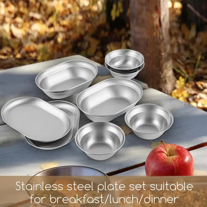 PC Outdoor Tableware Set 6/8/10PCS Stainless Steel Camping Plates Bowls Sel