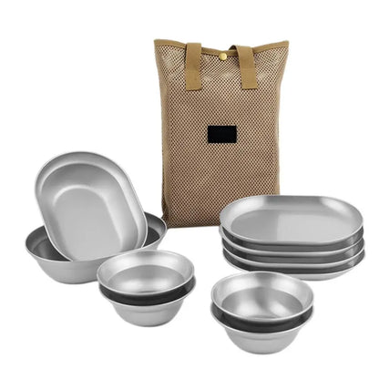 PC Outdoor Tableware Set 6/8/10PCS Stainless Steel Camping Plates Bowls Sel