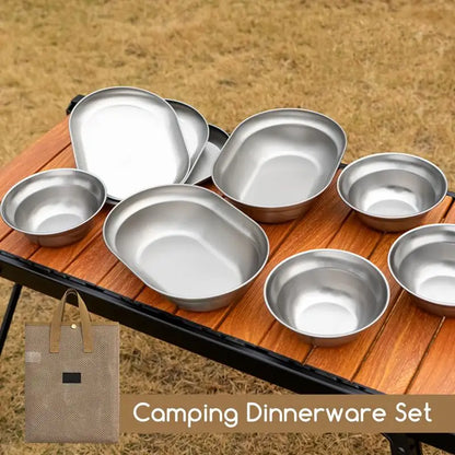 PC Outdoor Tableware Set 6/8/10PCS Stainless Steel Camping Plates Bowls Sel