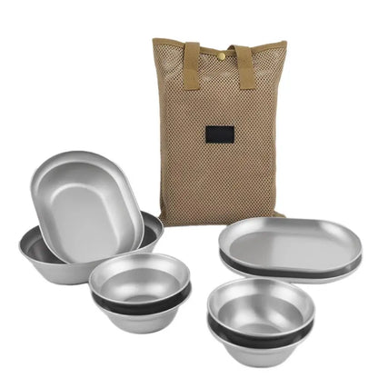 PC Outdoor Tableware Set 6/8/10PCS Stainless Steel Camping Plates Bowls Sel