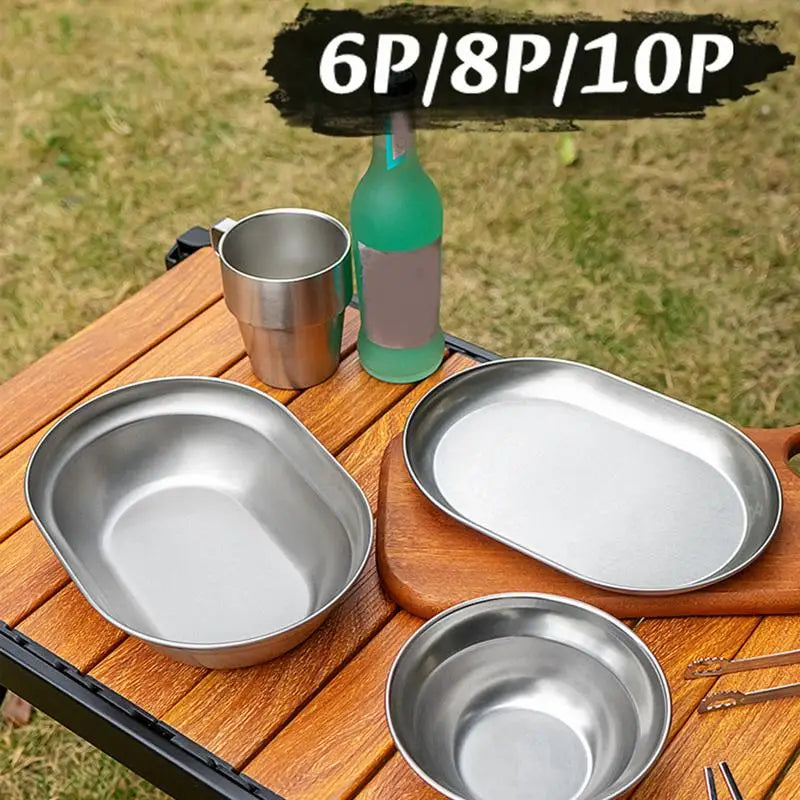 PC Outdoor Tableware Set 6/8/10PCS Stainless Steel Camping Plates Bowls Sel