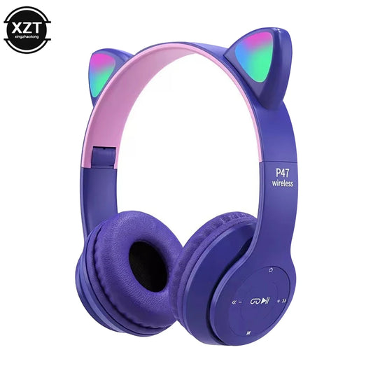 Casque sans fil PCP47 oreilles de chat mignonnes avec contrôle du micro LED pour enfant fille stéréo