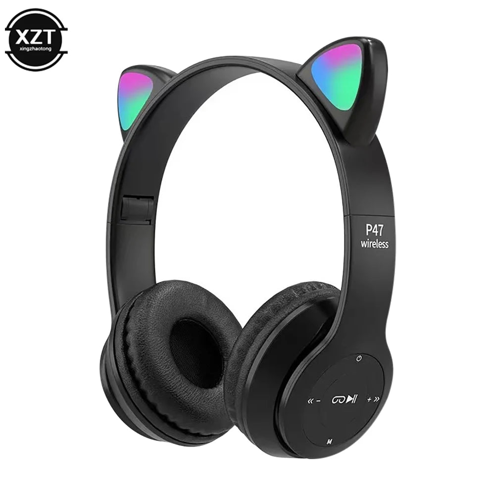 PCP47 Wireless Headphones Cute Cat Ears With Mic Control LED Kid Girl Stere