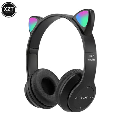 PCP47 Wireless Headphones Cute Cat Ears With Mic Control LED Kid Girl Stere