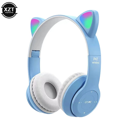 PCP47 Wireless Headphones Cute Cat Ears With Mic Control LED Kid Girl Stere