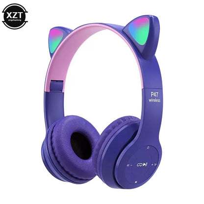 PCP47 Wireless Headphones Cute Cat Ears With Mic Control LED Kid Girl Stere