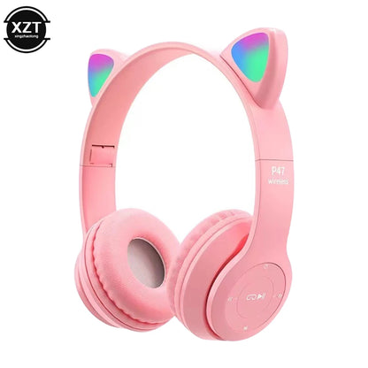 PCP47 Wireless Headphones Cute Cat Ears With Mic Control LED Kid Girl Stere