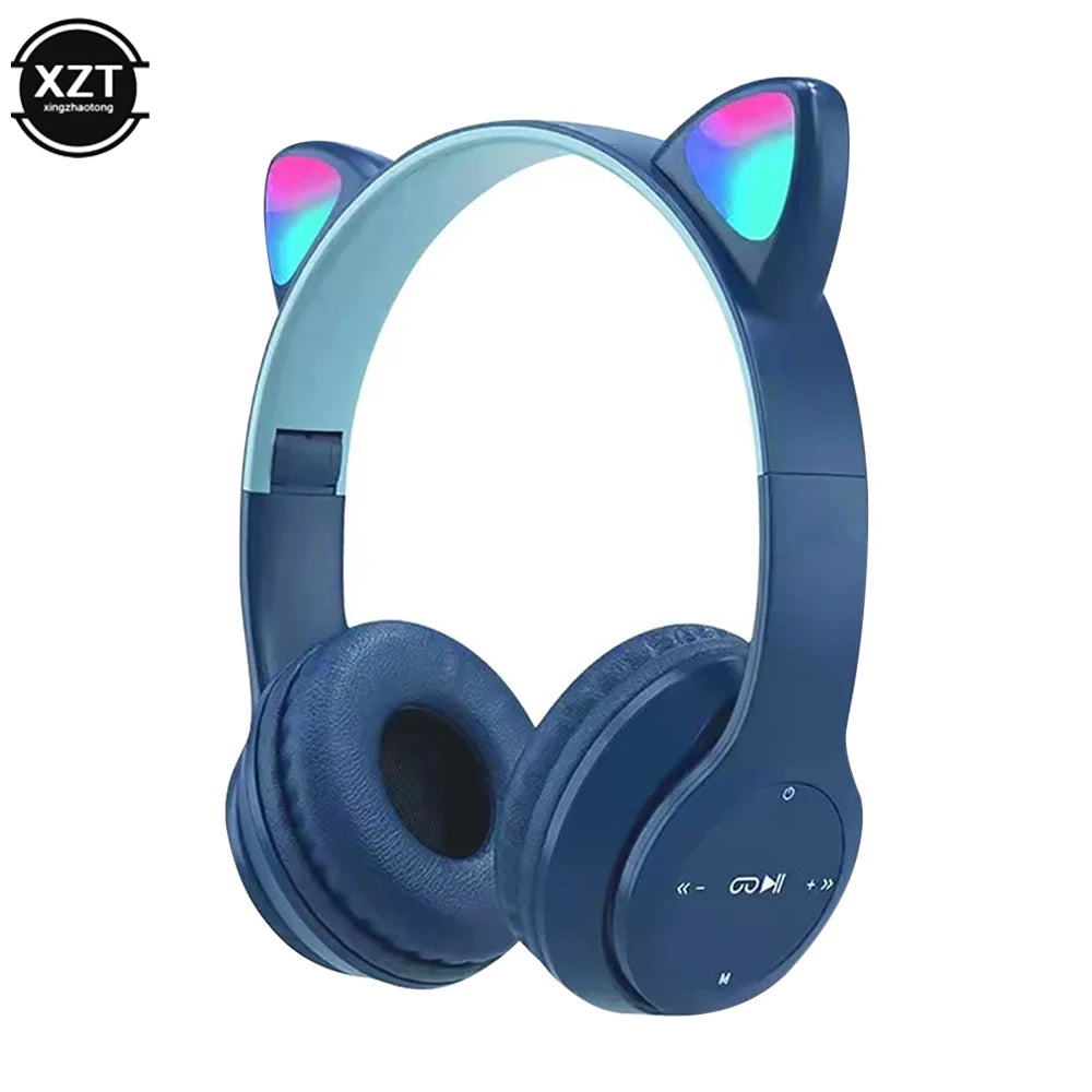 PCP47 Wireless Headphones Cute Cat Ears With Mic Control LED Kid Girl Stere