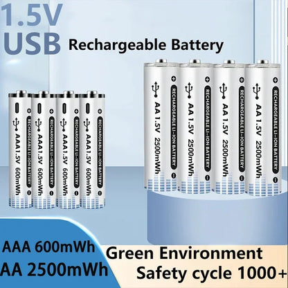 PURFIELD 1.5V AA AAA USB Rechargeable Battery 2500mWh 600mWh Li-ion Battery for Remote Control Mouse Electric Toy Battery