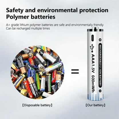 PURFIELD AAA 1.5V 600mWh Rechargeable Lithium Battery for Remote Controller Learning Machine Toys with USB Type-c Fast Charge