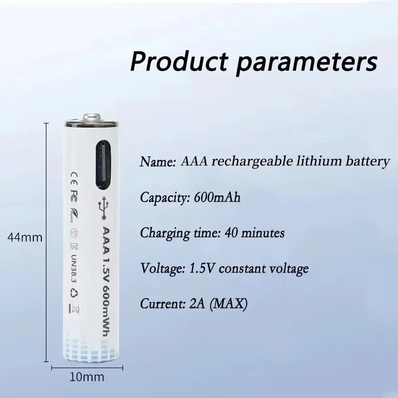 PURFIELD AAA 1.5V 600mWh Rechargeable Lithium Battery for Remote Controller Learning Machine Toys with USB Type-c Fast Charge