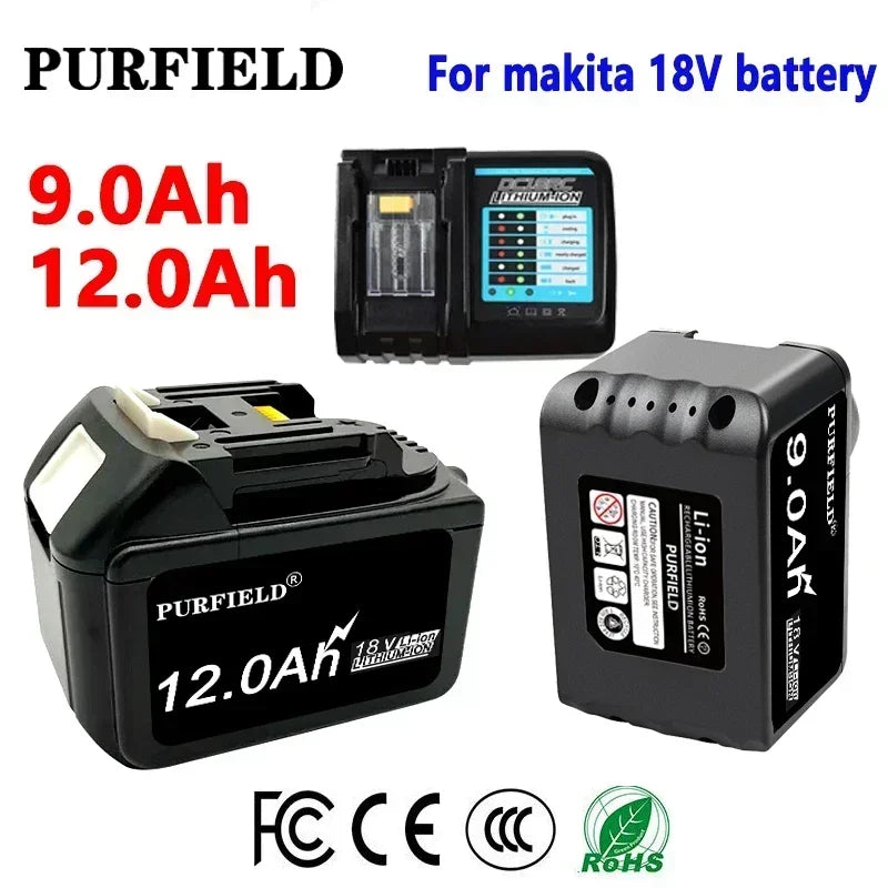 PURFIELD Makita 18V Battery 9.0 12.0Ah Rechargeable Battery 18650 Lithium-ion Cell Suitable For Makita Power Tool BL1860 BL1850