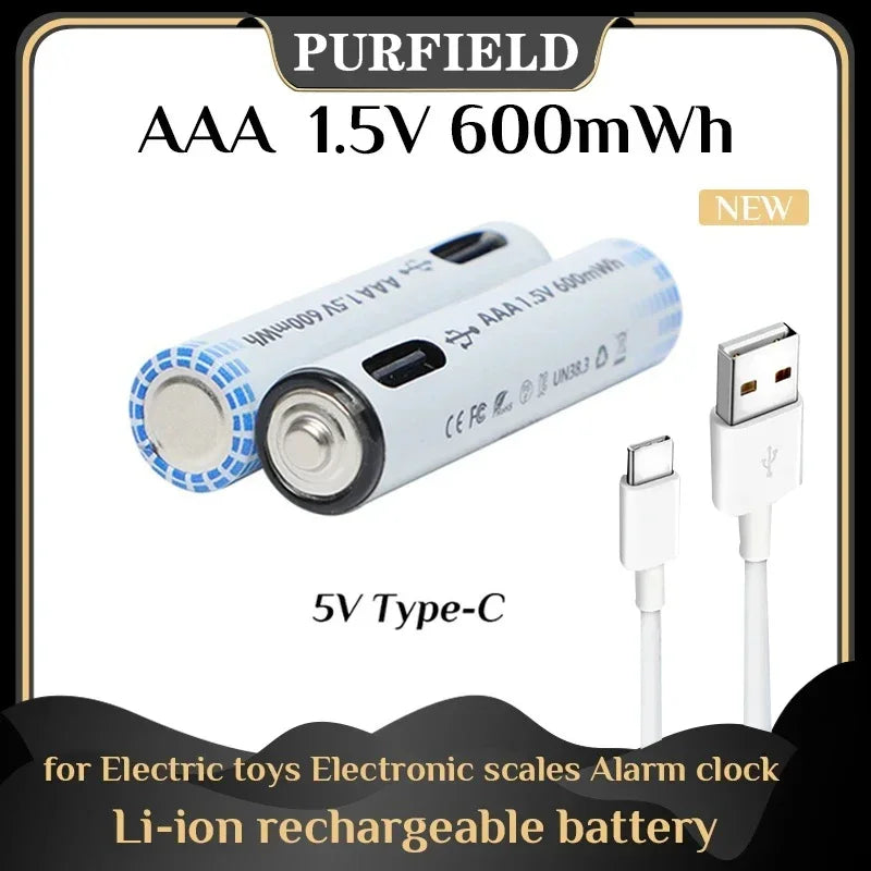 PURFIELD USB AAA Rechargeable Batteries 1.5V 600mWh li-ion battery for remote control mouseElectric toy battery + Type-C Cable