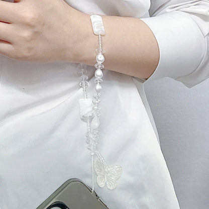 PC Phone Chain Charm Lanyard  iPhone Samsung, Cute Baroque White Butterfly Beaded, Universal Accessories, Jewelry Pendant Korean