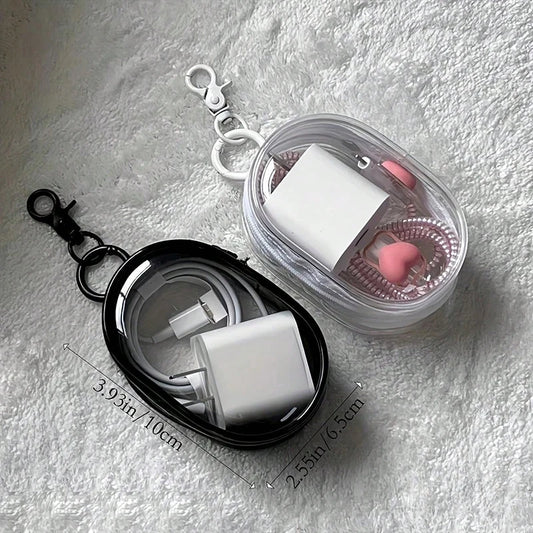 PC Portable Mini Transparent Storage Bag with Zipper, Multifunctional Headphone and Charger Case, Travel Accessories with Keychain