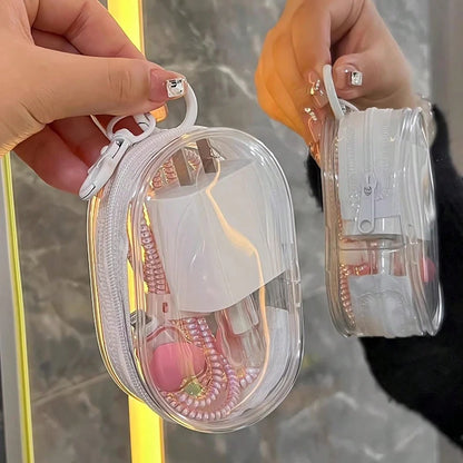 PC Portable Mini Transparent Storage Bag with Zipper, Multifunctional Headphone and Charger Case, Travel Accessories with Keychain