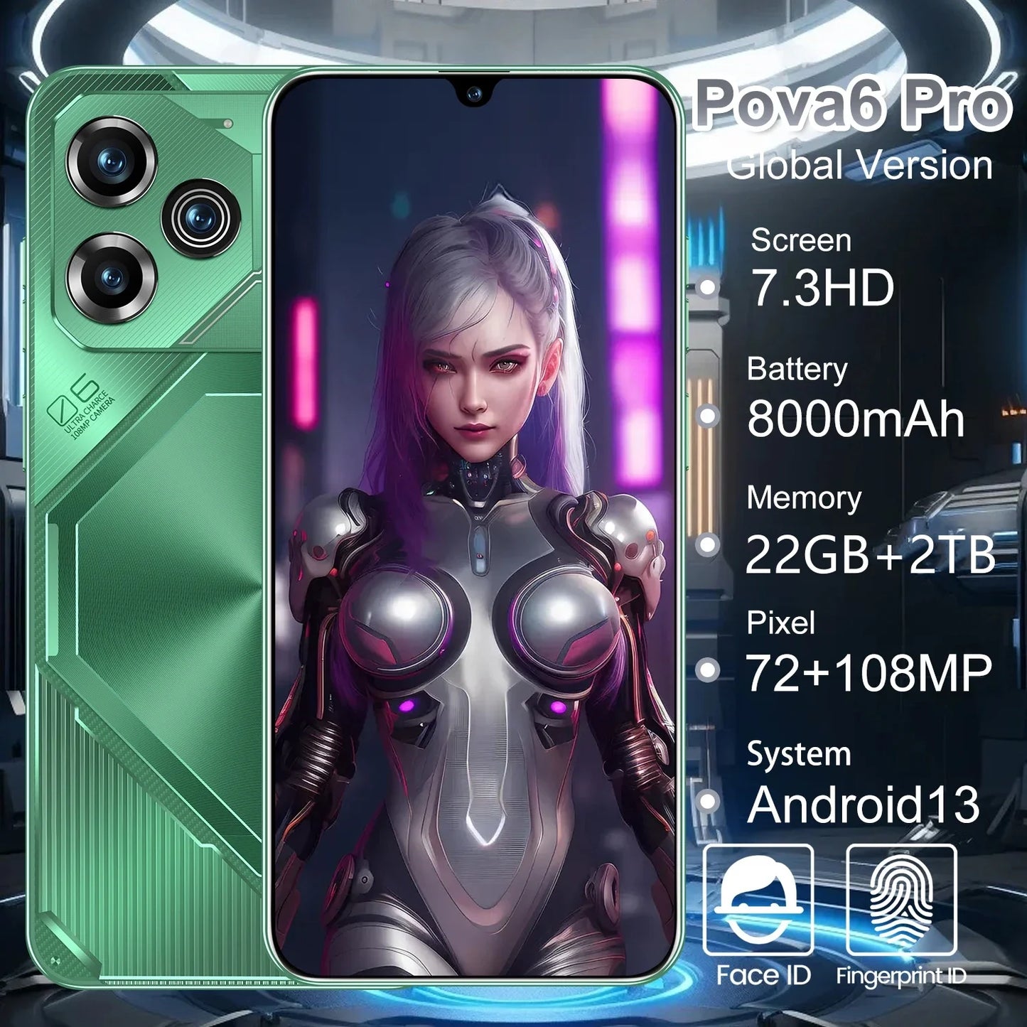 PC Pova 6 Pro Smartphone 22GB+2TB 7.3 inch Large Screen 8000mAh 4G 5G Dual SIM Cellphone 108MP Camera 10 Core Chip Super Game Phone