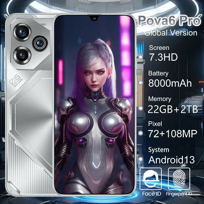 PC Pova 6 Pro Smartphone 22GB+2TB 7.3 inch Large Screen 8000mAh 4G 5G Dual SIM Cellphone 108MP Camera 10 Core Chip Super Game Phone