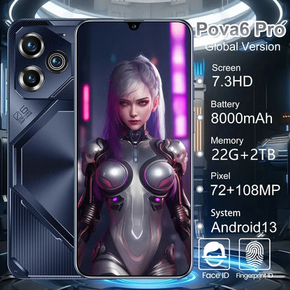 PC Pova 6 Pro Smartphone 22GB+2TB 7.3 inch Large Screen 8000mAh 4G 5G Dual SIM Cellphone 108MP Camera 10 Core Chip Super Game Phone