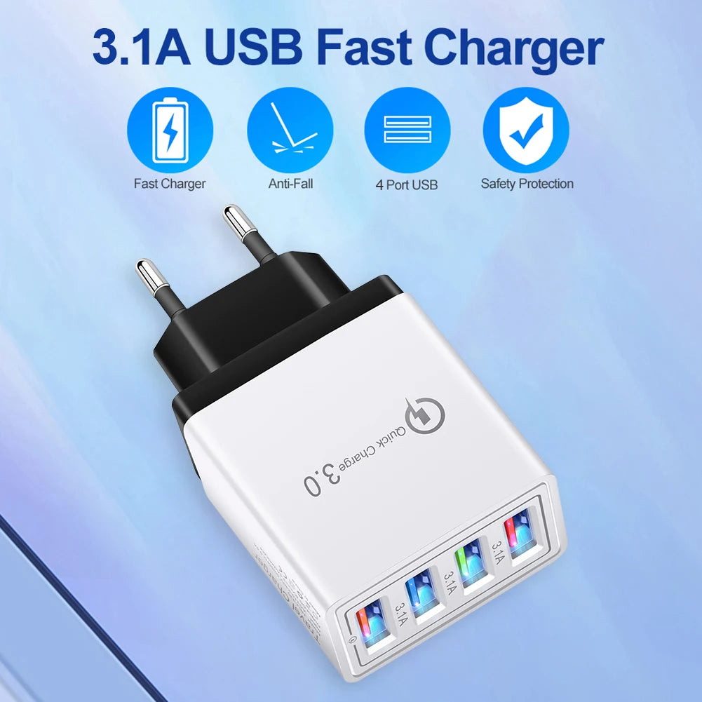 PC QC 3.0 Quick Charger 5V 3A USB Charger Fast Charging Charge 4 Ports LED Light Phone Charge Adapter EU Plug Charger Accessories