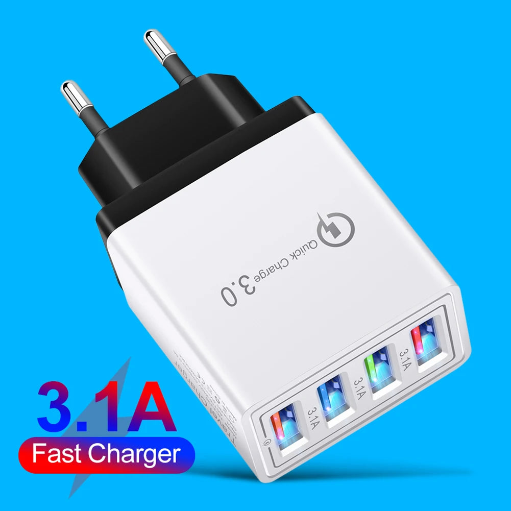 PC QC 3.0 Quick Charger 5V 3A USB Charger Fast Charging Charge 4 Ports LED Light Phone Charge Adapter EU Plug Charger Accessories