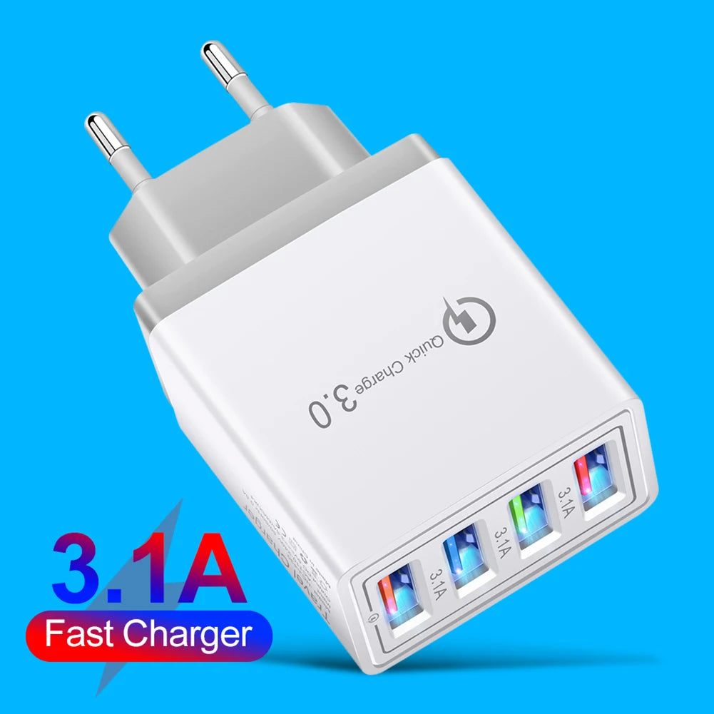 PC QC 3.0 Quick Charger 5V 3A USB Charger Fast Charging Charge 4 Ports LED Light Phone Charge Adapter EU Plug Charger Accessories