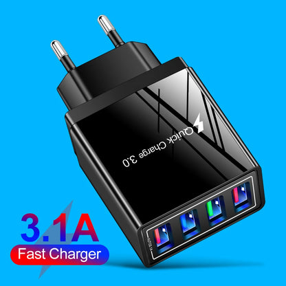 PC QC 3.0 Quick Charger 5V 3A USB Charger Fast Charging Charge 4 Ports LED Light Phone Charge Adapter EU Plug Charger Accessories