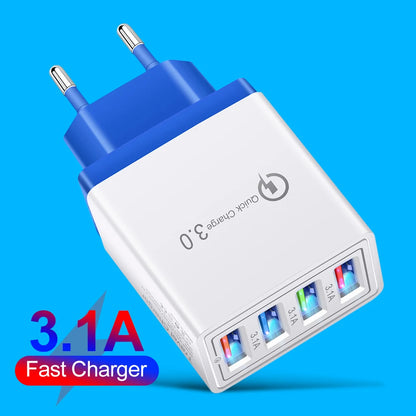 PC QC 3.0 Quick Charger 5V 3A USB Charger Fast Charging Charge 4 Ports LED Light Phone Charge Adapter EU Plug Charger Accessories