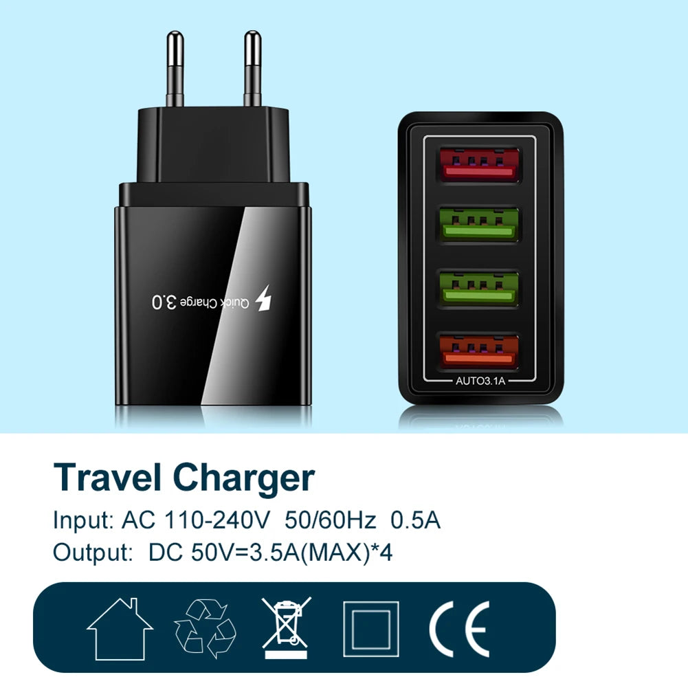 PC QC 3.0 Quick Charger 5V 3A USB Charger Fast Charging Charge 4 Ports LED Light Phone Charge Adapter EU Plug Charger Accessories