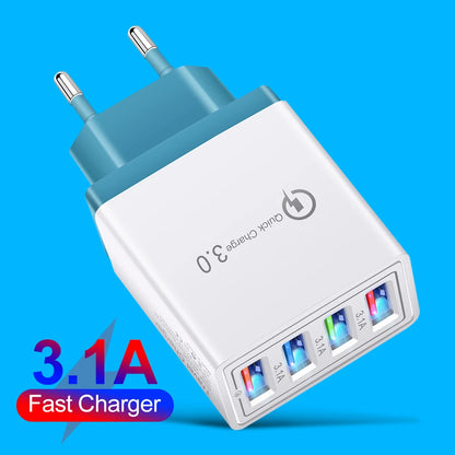 PC QC 3.0 Quick Charger 5V 3A USB Charger Fast Charging Charge 4 Ports LED Light Phone Charge Adapter EU Plug Charger Accessories