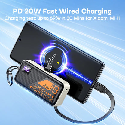 PC QOOVI Mini Powerbank 5000mah Built-in Cable PD 20W Portable Charger Fast Charging For iPhone 15 Samsung Xiaomi External Battery