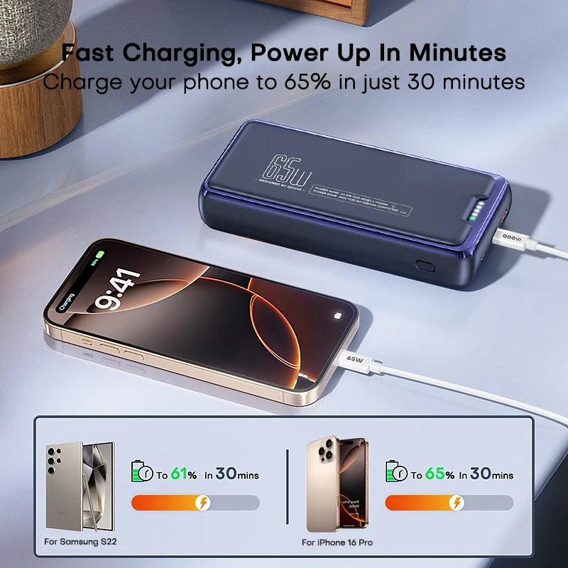 PC QOOVI Power Bank 30000mAh External Battery Capacity PD 65W Fast Charging Portable Charger Powerbank For Laptop iPhone Samsung