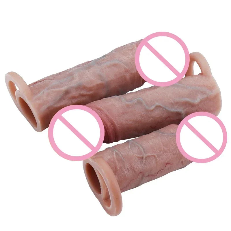 GtoozaRealistic Sheath Reusable Silicone Condom Cock Extension Sex Toys Artificial  Enlargement Extender Men Penis Sleeve