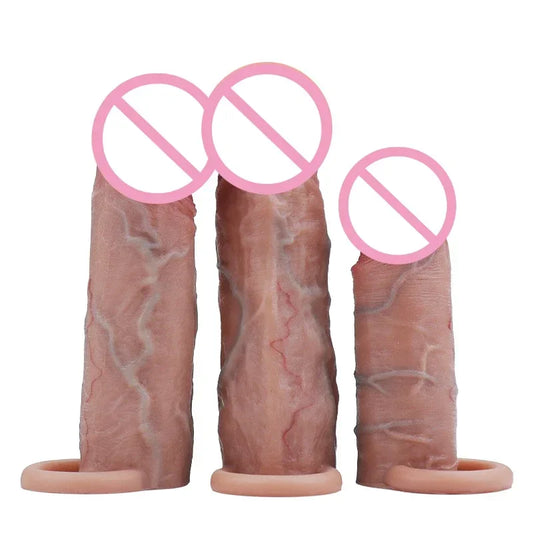 GtoozaRealistic Sheath Reusable Silicone Condom Cock Extension Sex Toys Artificial  Enlargement Extender Men Penis Sleeve