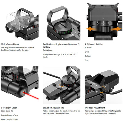 Reflex Sight Green Red Dot Sight with Laser Collimator 4 Reticles Hunting Optics Riflescope  20mm Rail Pistol Rifle Scope