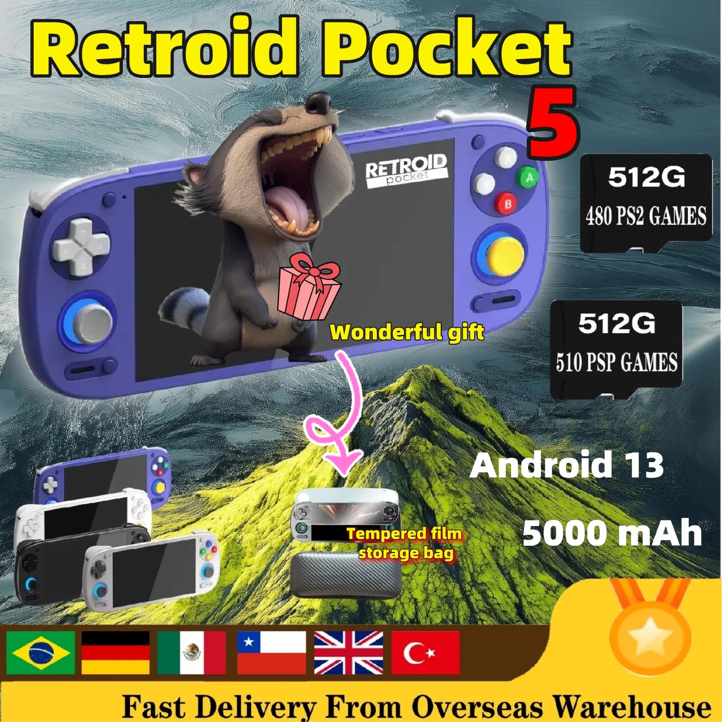 Retroid Pocket 5 Handheld Game Console Video Player Retro RP5 Android 13 5.5 Inch OLED Touch Screen Bluetooth PSP PS2 Boy Gift