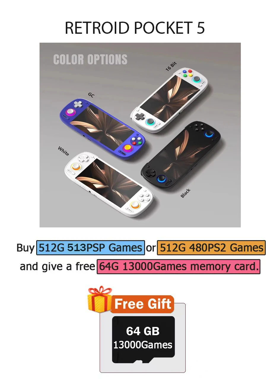 Retroid Pocket 5 RP5 Handheld Game Console 5.5 Inch 1080P OLED Touch Screen 8+128G  Android13 WIFI6 BT5.1 512G 70000games Gift