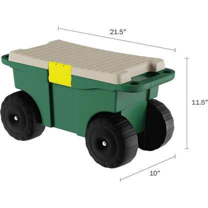 Rolling Garden Cart with Seat - Plastic Storage with Bench and Interior Tool Tray - Gardening Stool  Weeding