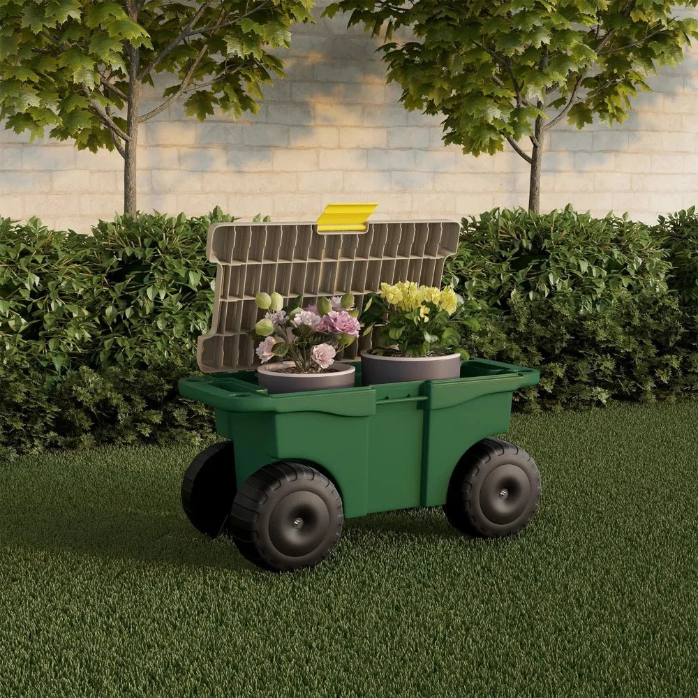 Rolling Garden Cart with Seat - Plastic Storage with Bench and Interior Tool Tray - Gardening Stool  Weeding