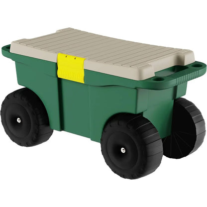 Rolling Garden Cart with Seat - Plastic Storage with Bench and Interior Tool Tray - Gardening Stool  Weeding