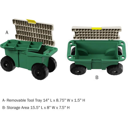 Rolling Garden Cart with Seat - Plastic Storage with Bench and Interior Tool Tray - Gardening Stool  Weeding