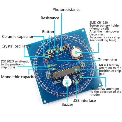 Rotating LED Display Alarm Electronic Clock Module Water Lamp DIY Kit Light Control Temperature DS1302 C8051 MCU STC15W408AS