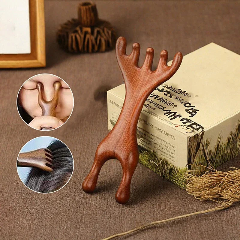 PC Body Meridian Massage Comb Sandalwood Deer Antlers Wide Tooth Acupunctur