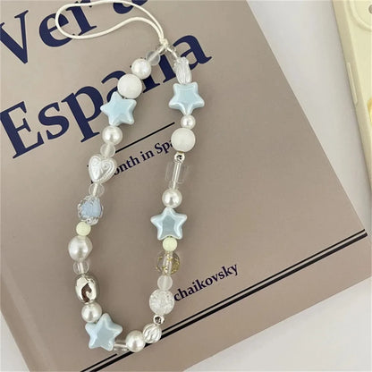 PC Korean Star Pearl Beaded Phone Chain Hanging Cord Phone Charms Phone Strap Summer Handmade Mobile Lanyard Jewelry Gift