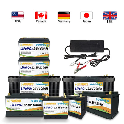 PC FLLYROWER Lifepo4 Battery 12V  6 10 12 20 25 30 40 50 60 80 100 120 180 200Ah LiFePO4 Battery Pack 12.8v Solar Lithium Battery