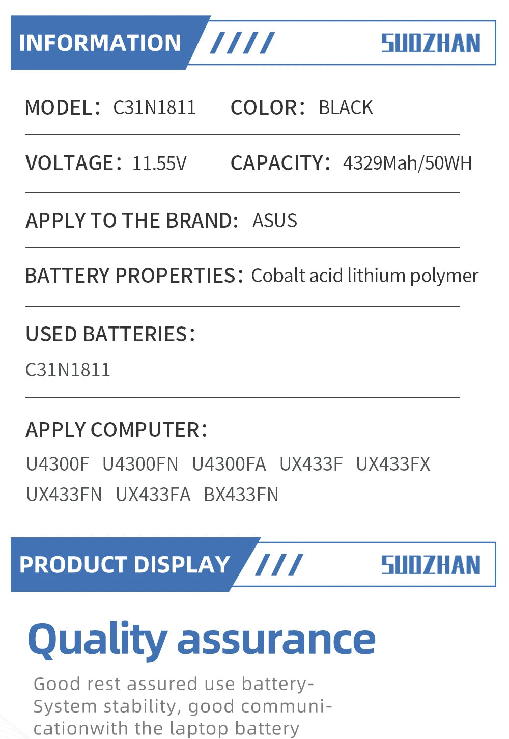 PC SUOZHAN  C31N1811 Laptop Battery For ASUS 0B200-03080000 BX433FN UX433FN-2S For ZenBook 14 UX433F UX433FA-A5046R