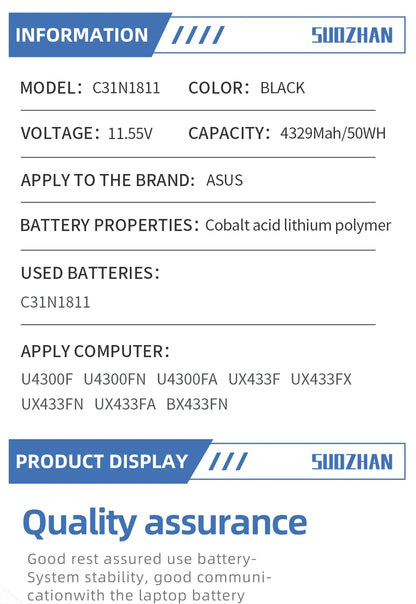 PC SUOZHAN  C31N1811 Laptop Battery For ASUS 0B200-03080000 BX433FN UX433FN-2S For ZenBook 14 UX433F UX433FA-A5046R